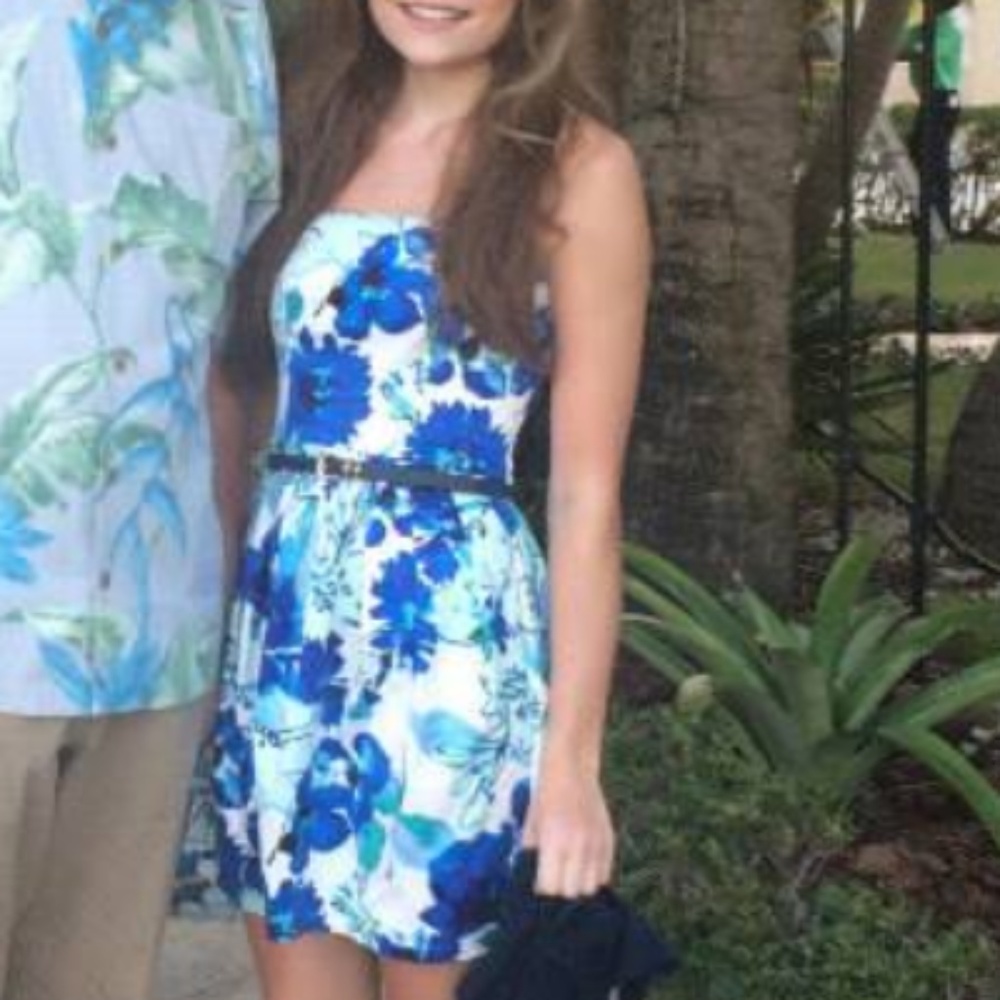 Aqua Bloomingdales Floral Blue Tulip Hem Dress, XS